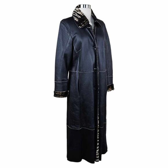 Artico Black Leather Long Trench Coat Animal Print Shearling $5,495 Size 42 - Picture 8 of 14